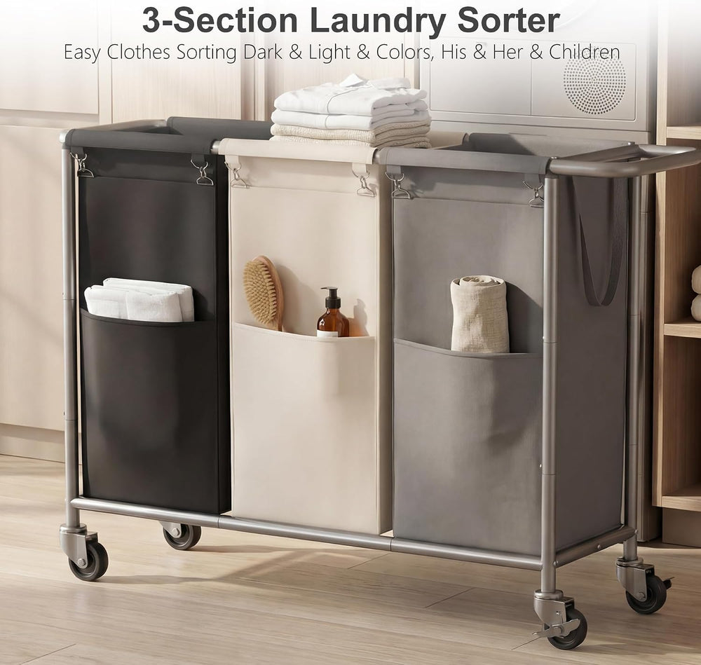 Heybly 3-Section Laundry Sorter Hamper,Rolling Laundry Hamper with Removable ...
