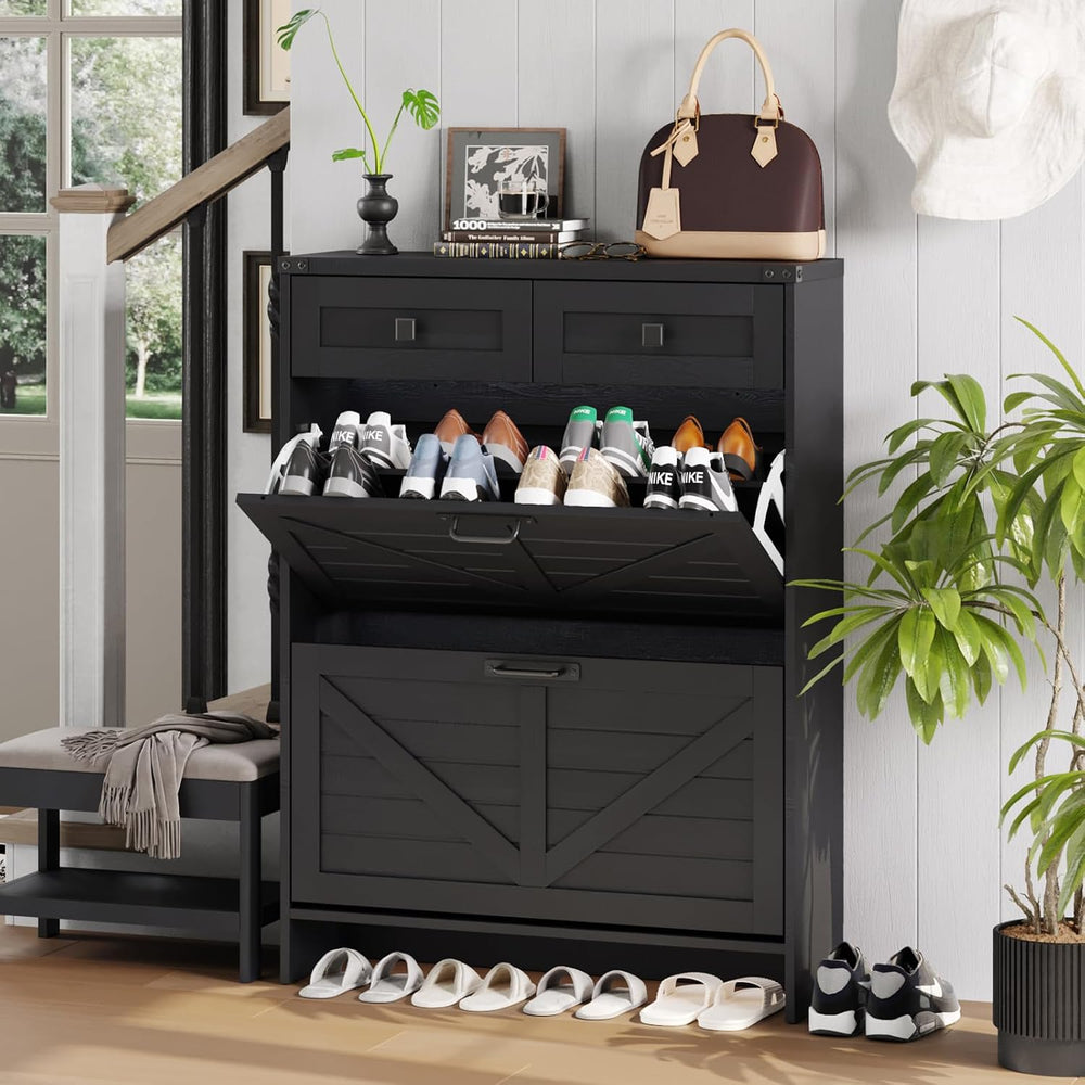 Halitaa Shoe Cabinet with 2 Flip Drawers & 2 Drawers,Farmhouse Shoe Stora...