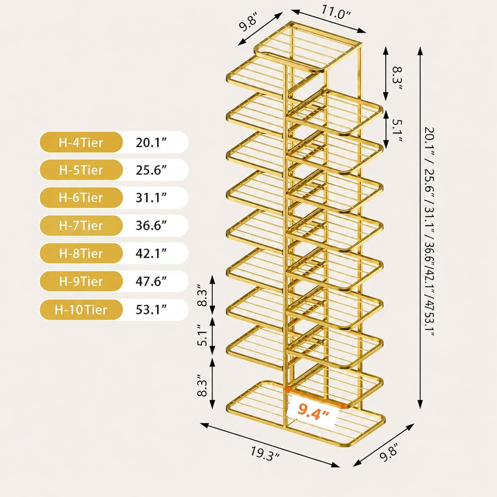 JSWHYBD Gold Shoe Rack Tower, Narrow Metal Organizer for Small Spaces