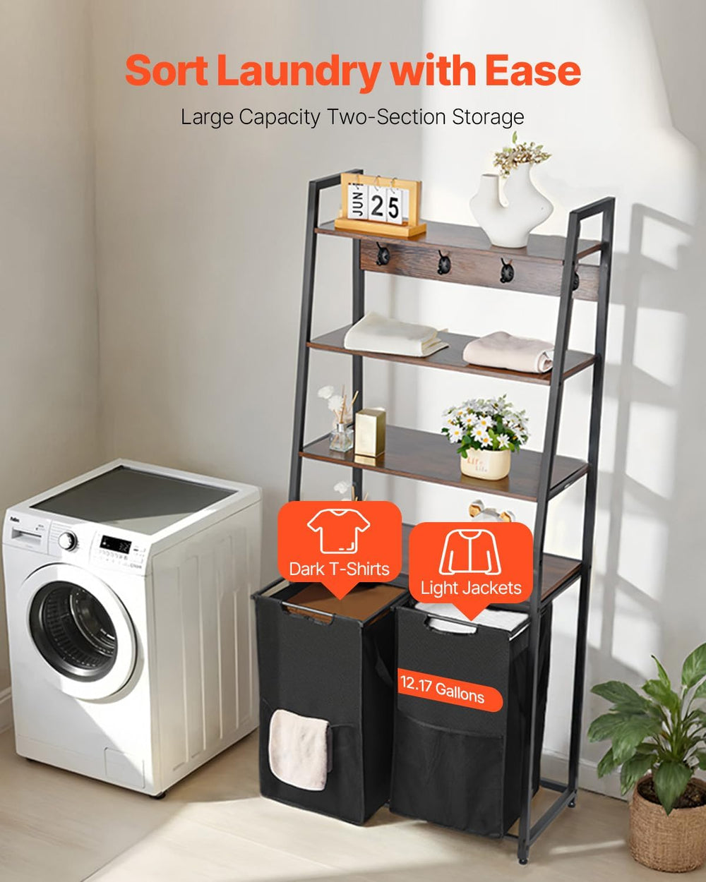 VEVOR 4 Tiers Laundry Sorter, Tall Laundry Hamper with Shelves and Hooks, 2 S...