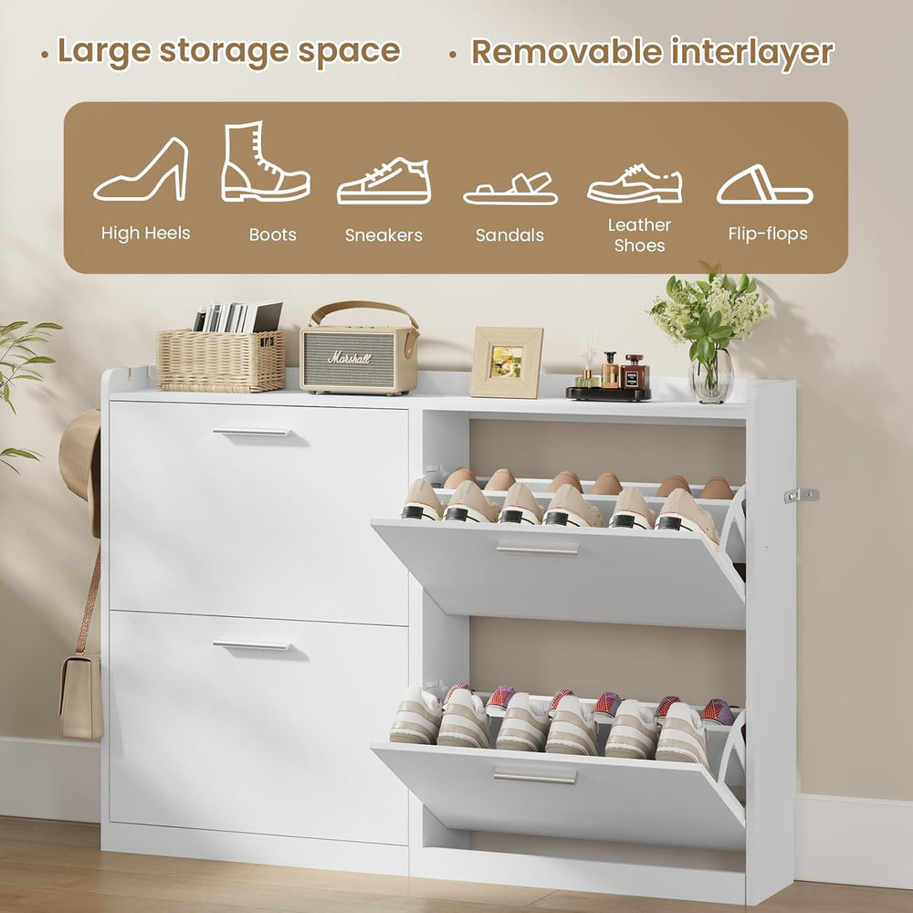 Modern Shoe Cabinet Organizer with 4 Flip Drawers, 47.2" W White