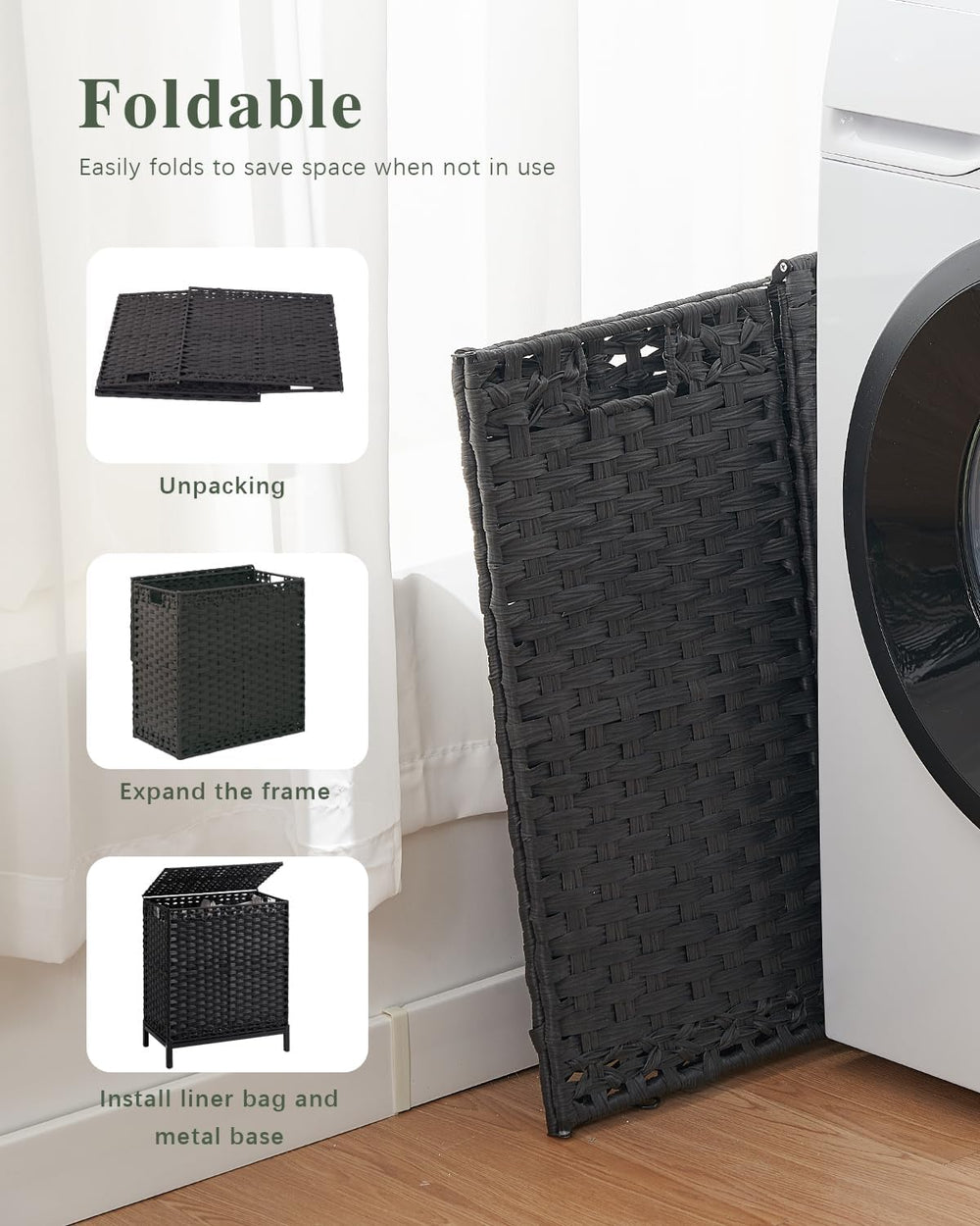 SETVSON Laundry Hamper with Lid, 112 L PE Rattan Woven Bin, Black