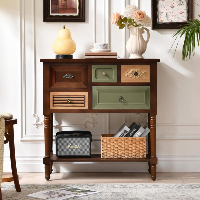 Ahokua Vintage Accent Cabinet with 5 Drawers and Open Shelf, Multi-Tone Console Table with Turned Wood Legs, Mid-Century Entryway Table for Hallway or Living Room