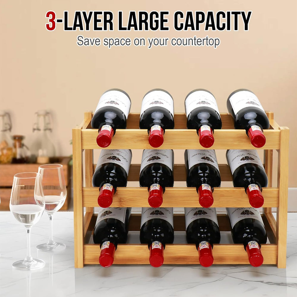 Bamboo Wine Rack, 3-Tier 12 Bottles Wine Storage Cabinet Shelf