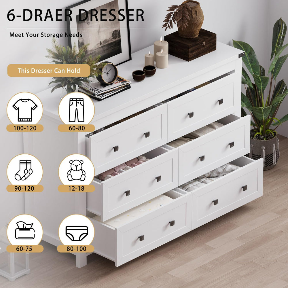 Wodeer 6 Drawer Dresser for Bedroom, White Modern Dressers & Chests of Dr...