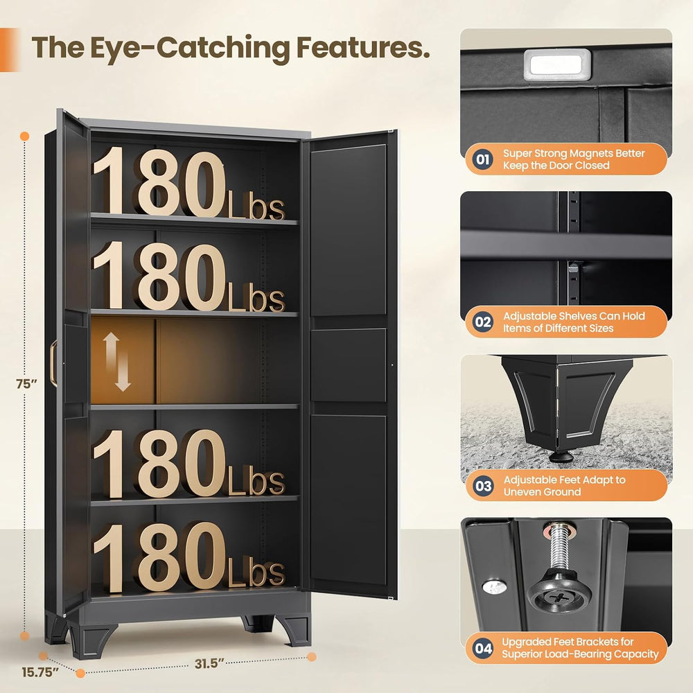 Black Tall Pantry Cabinet Kitchen Metal Garage Storage Cabinet Cupboard 75"