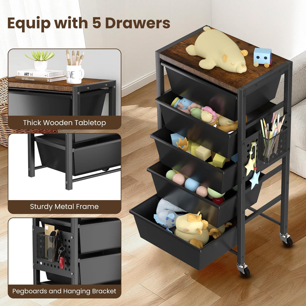 Rolling Cart with 5 Drawers, Plastic Drawer Storage Carts with Wheels & W...