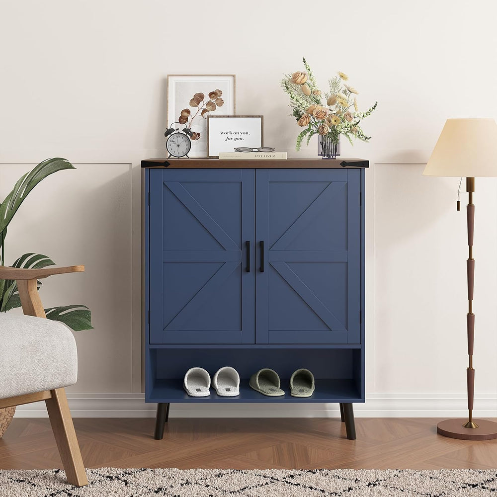 Vabches 34" Tall Farmhouse Shoe Storage Cabinet with Barn Doors, Navy Blue