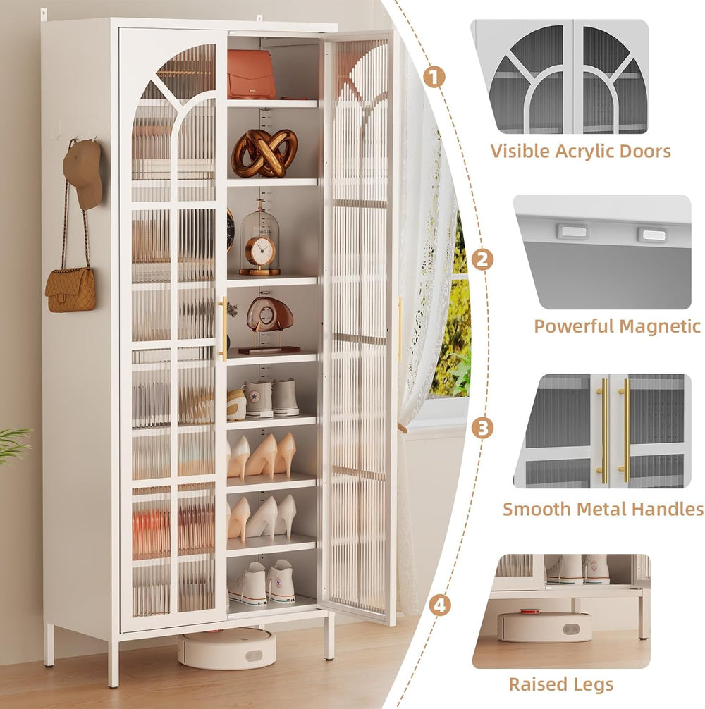 9-Tier Tall Shoe Cabinet with 2 Doors, 67-Inch, Metal, White