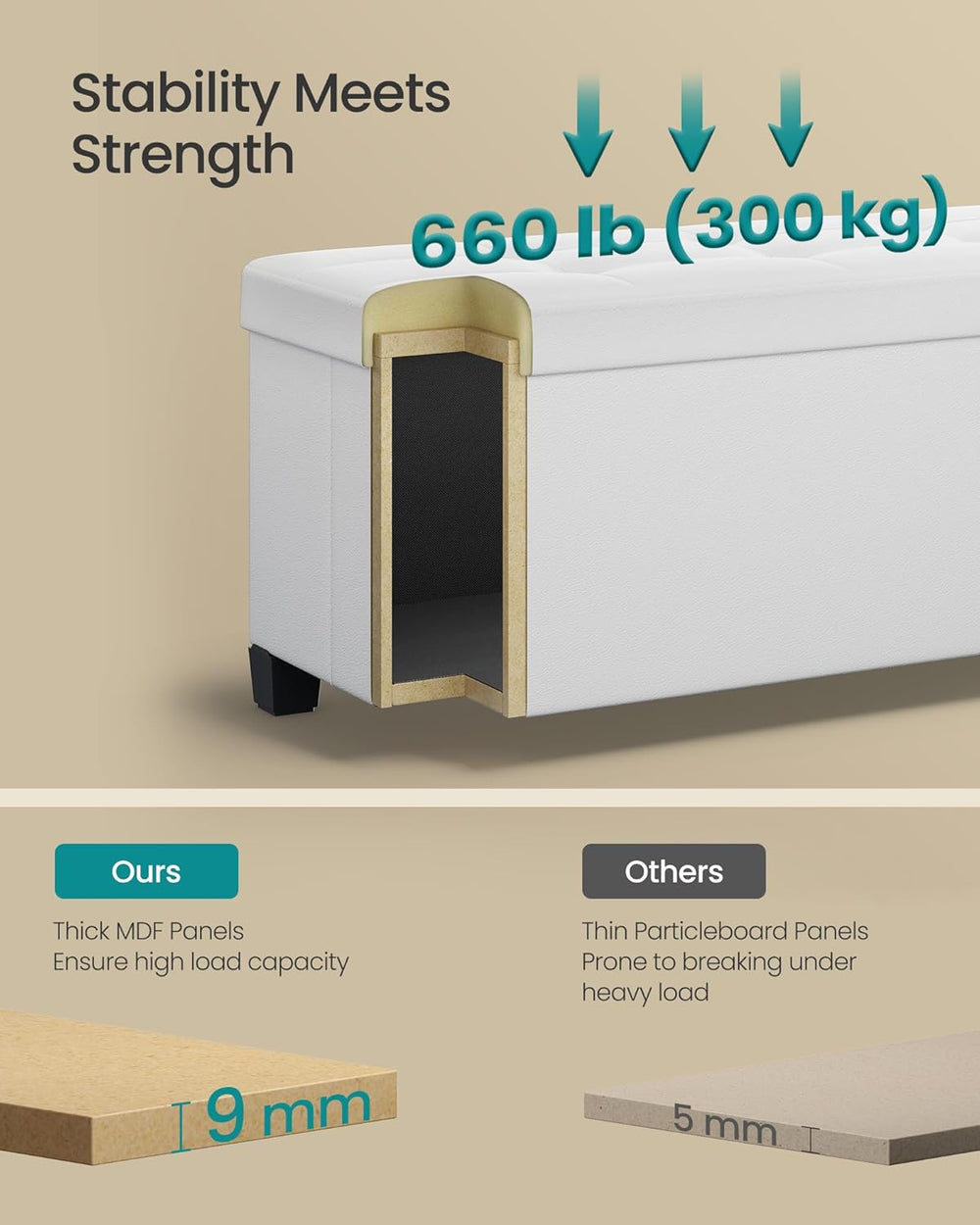 SONGMICS Storage Ottoman Bench with Legs, 43.3 Inches, 30 Gal. (112 L)
