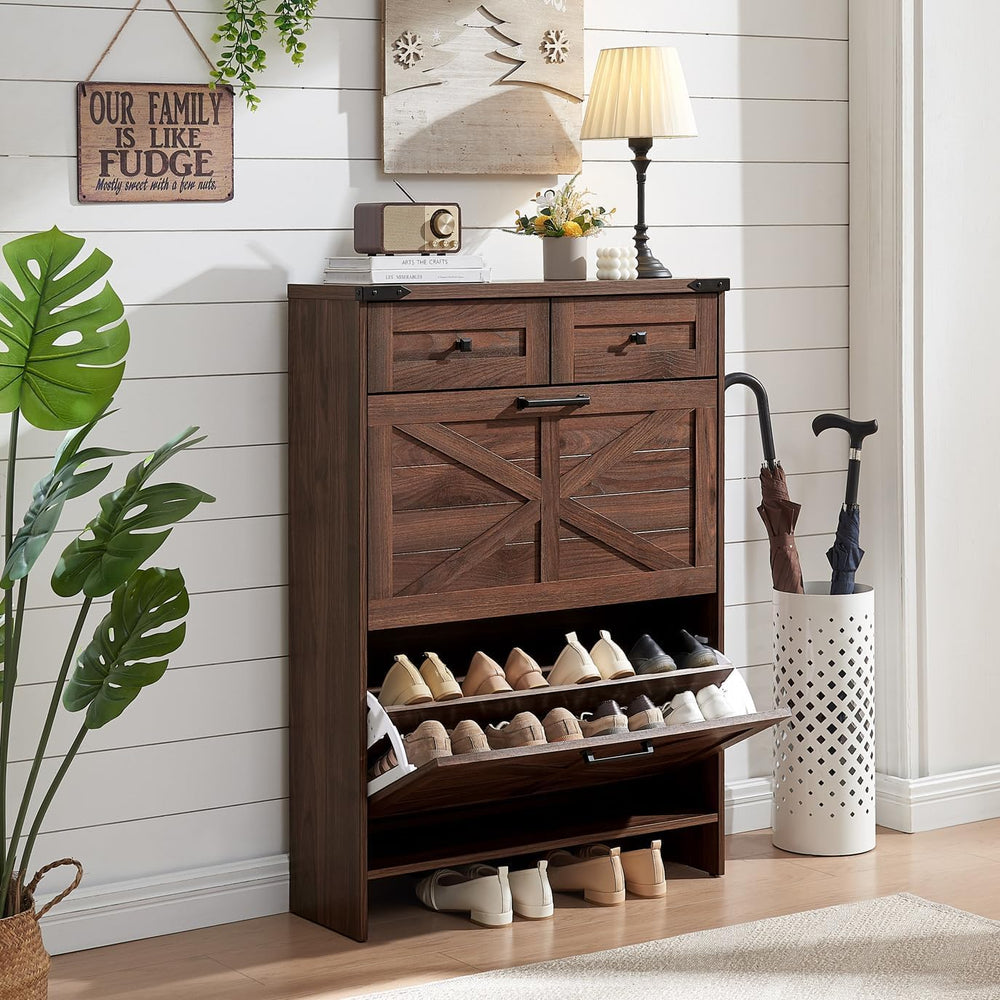 Barnyatoh Farmhouse Shoe Cabinet with 2 Flip Drawers & 2 Storage Drawers