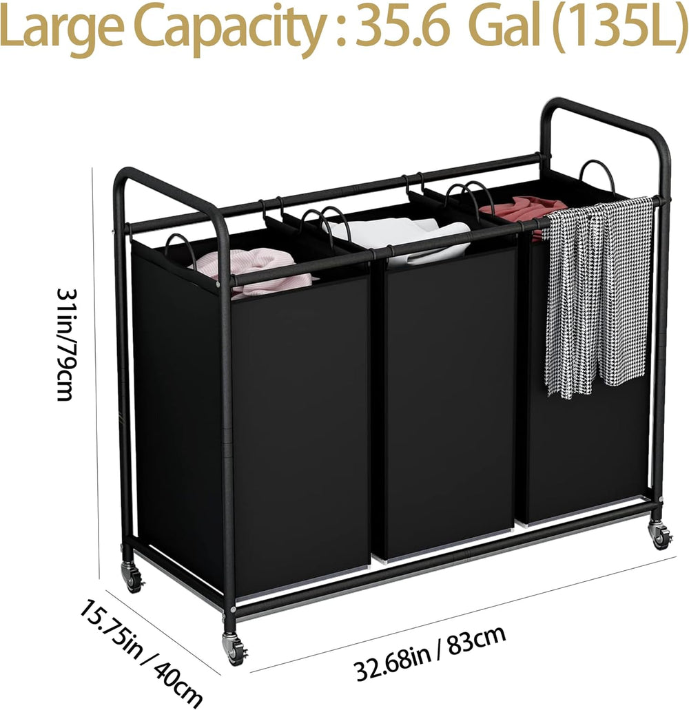 LINZINAR 3 Section Laundry Hamper Sorter, Black Laundry Basket with Wheels