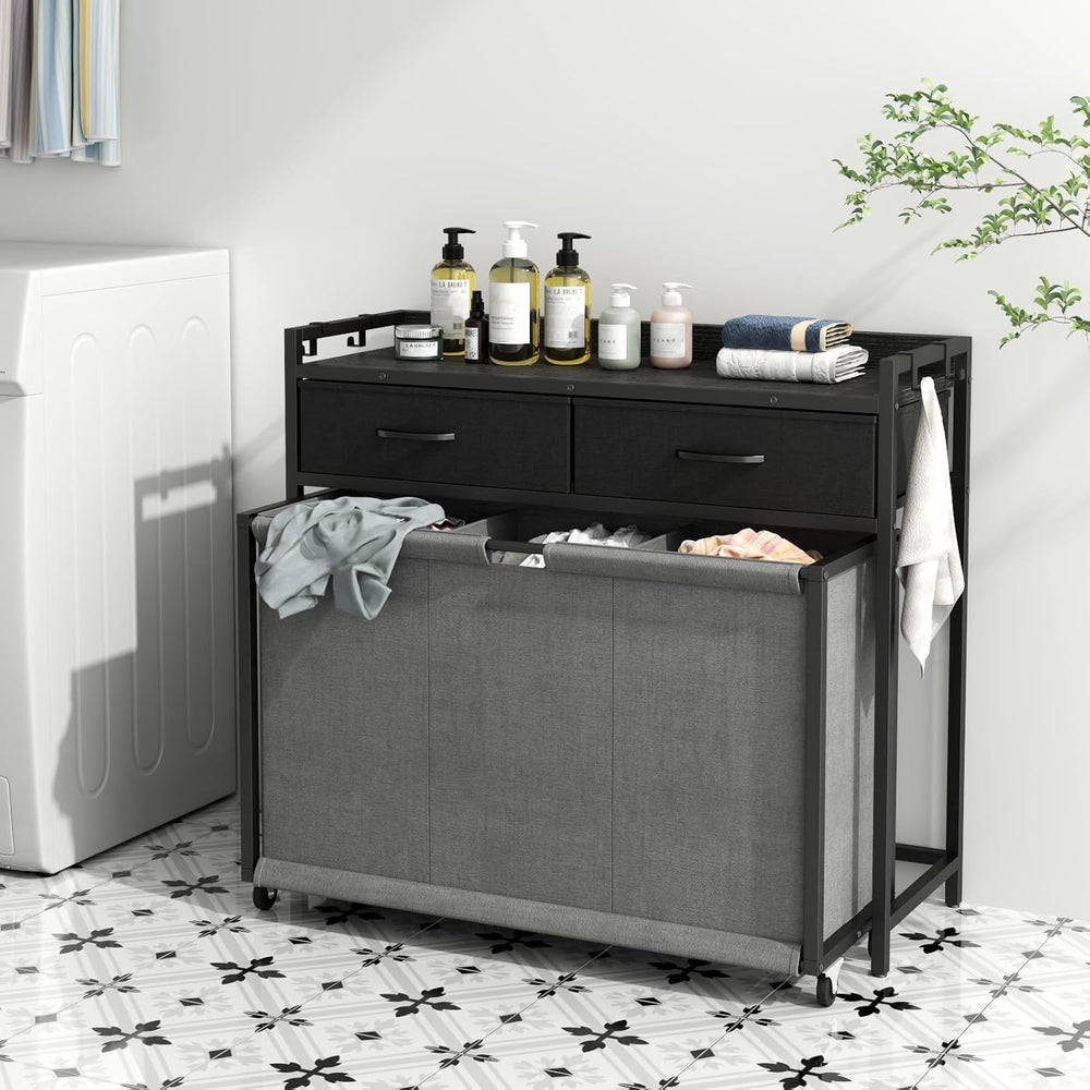 STIKELY Laundry Hamper Laundry Basket with 3 Section Pull-Out Rolling Bags, L...