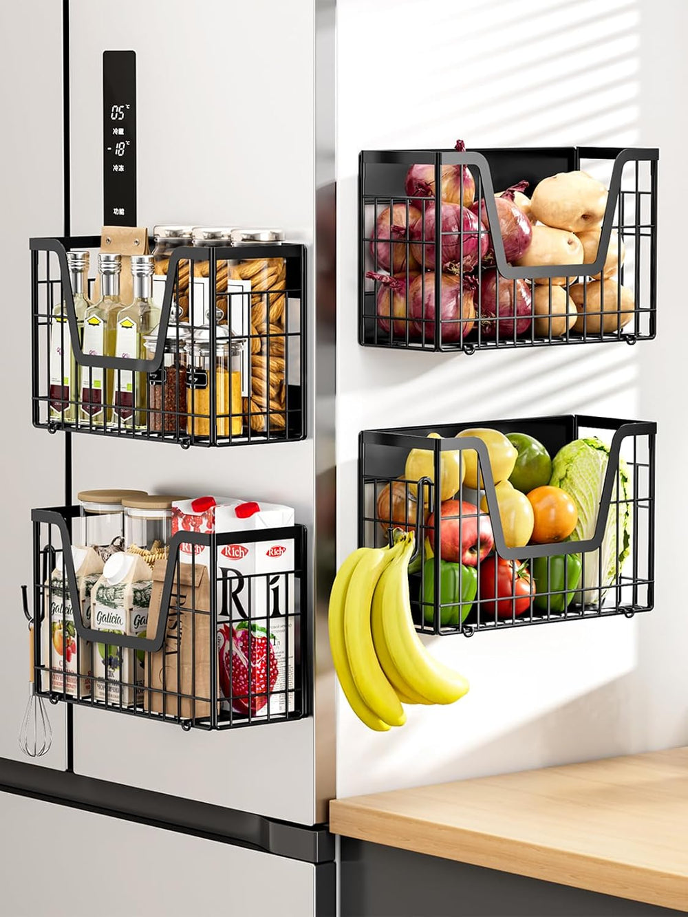 4-Pack Magnetic Fridge Shelf, Black Fruit Basket Potato Storage