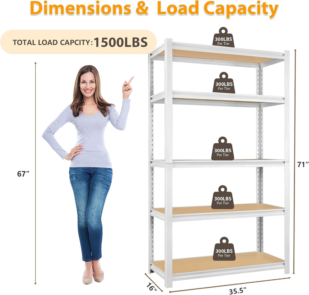 5 Tier White Storage Shelves - Adjustable Pantry Shelves Metal Closet Shelf, ...
