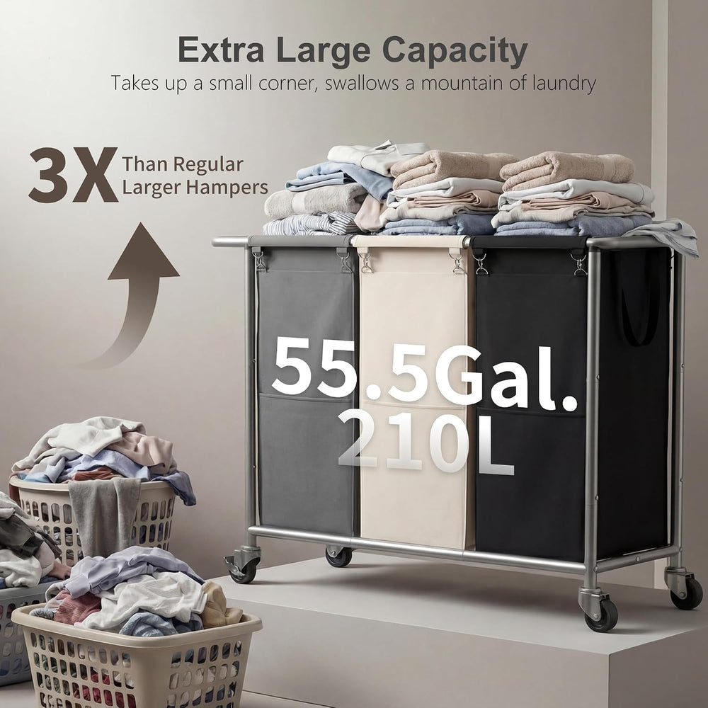 Heybly 3-Section Laundry Sorter Hamper,Rolling Laundry Hamper with Removable ...