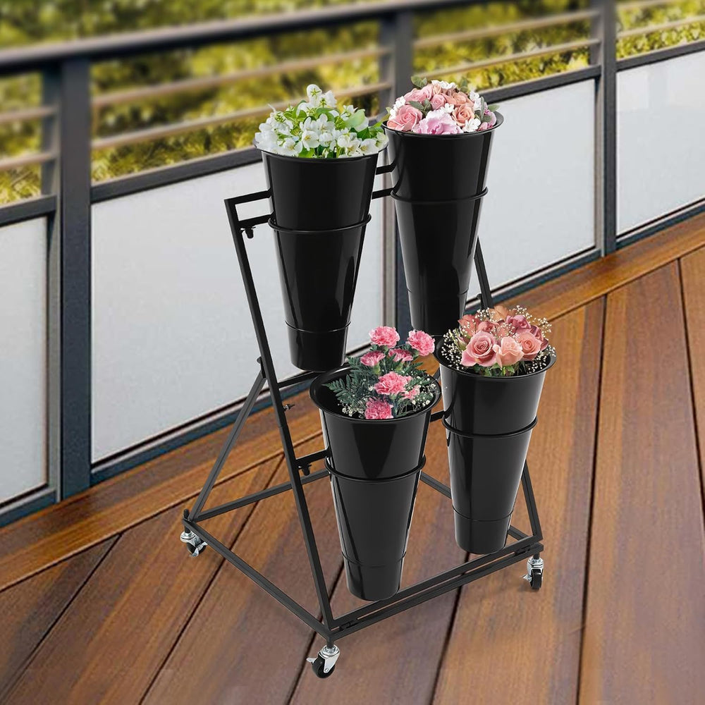 Flower Display Stand with 4PCS Round Buckets 2 Tiers Metal Mobile Florist Bou...