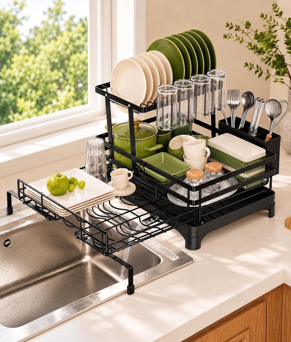 2-Tier Expandable Dish Drying Rack for Kitchen Counter and Over Sink, Black