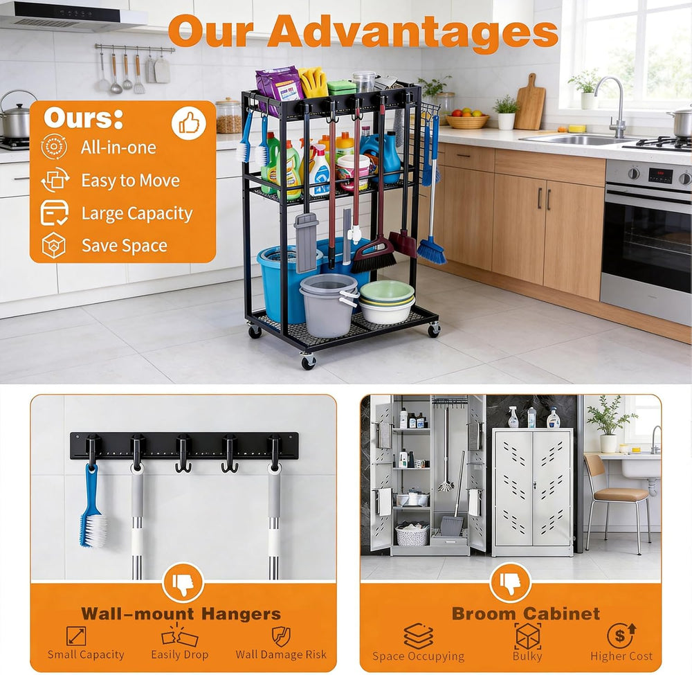 2 Levels Easy-Assembly Broom Holder Cart for Laundry