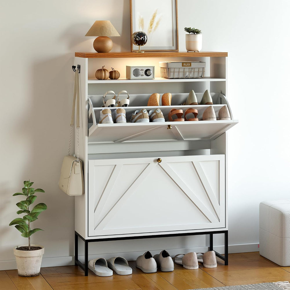 Shoe Storage Cabinet with 2 Flip-Up Doors, Freestanding Hidden Shoe Storage O...