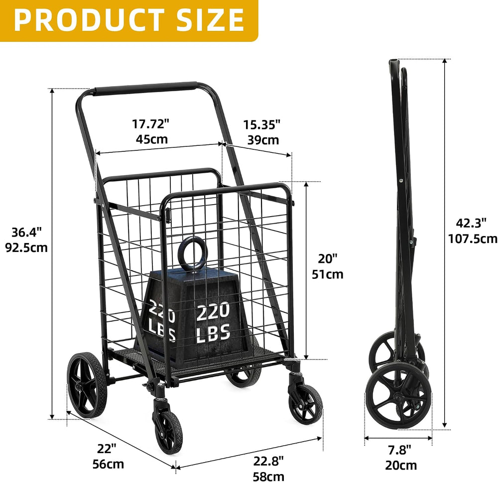 DWVO Utility Foldable Shopping Cart with Wheels, Large Portable Collapsible