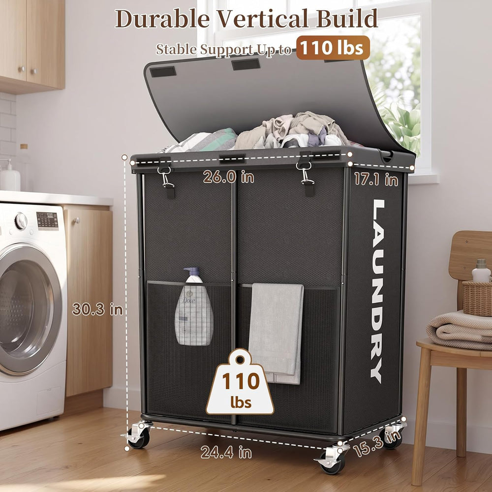 Laundry Hamper with Wheels and Lid, 225L Large Rolling Laundry Basket Gray