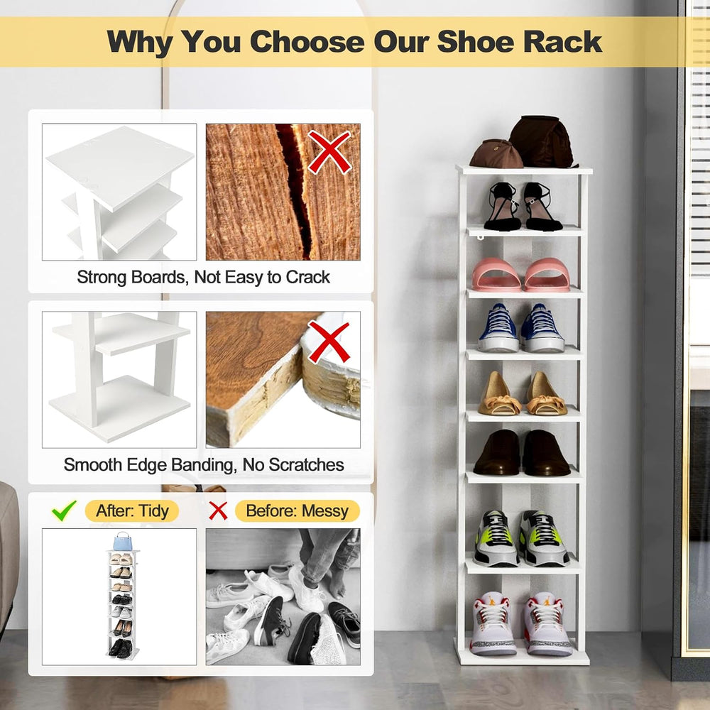 BETTARY 8 Tier Vertical Shoe Rack, Narrow Wooden Corner Shoe Organizer for Sm...