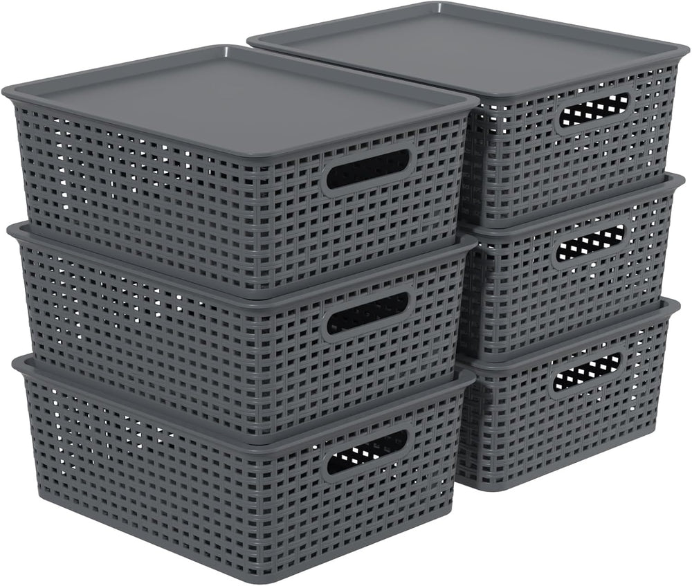 Plastic Storage Baskets with Lids, Organizer Bins, 6-Pack, Gray