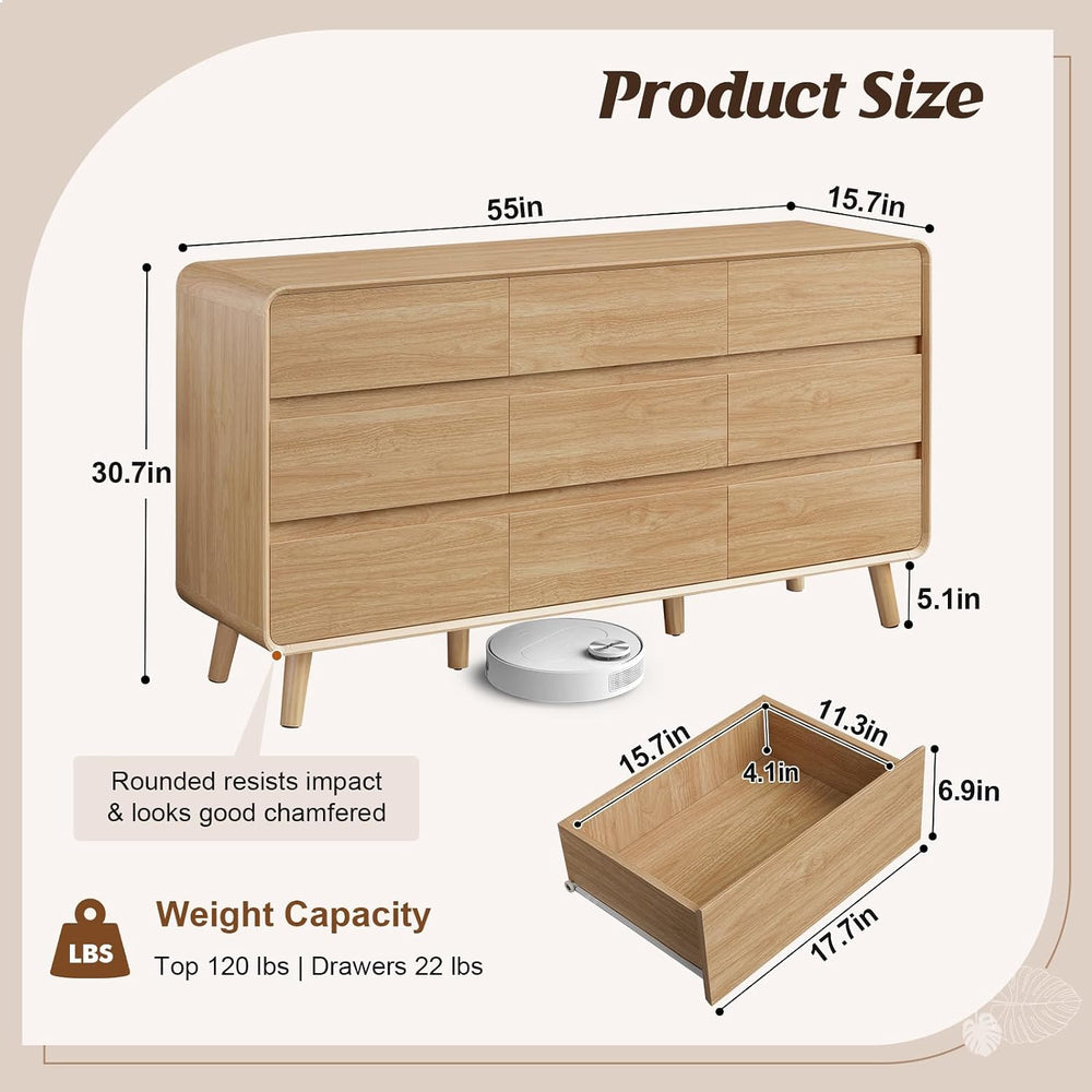 Nasonet 9 Drawer Dresser for Bedroom, 55'' Wide Modern Wood Chest of ...