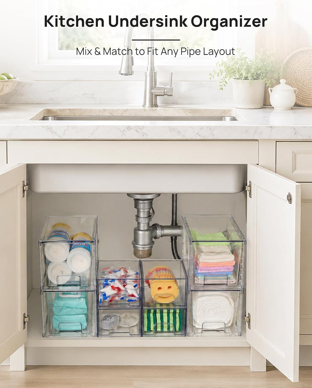 Vtopmart 8 Pack Clear Pull-Out Under Sink Organizer Set (4 Large & 4 Small)