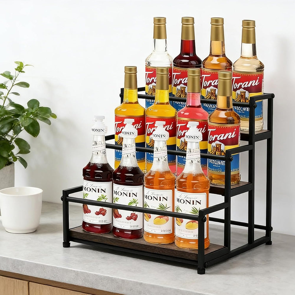 Coffee Syrup Rack Organizer, 3-Tier Metal Bottle Display Shelf, Holds 12 Bott...