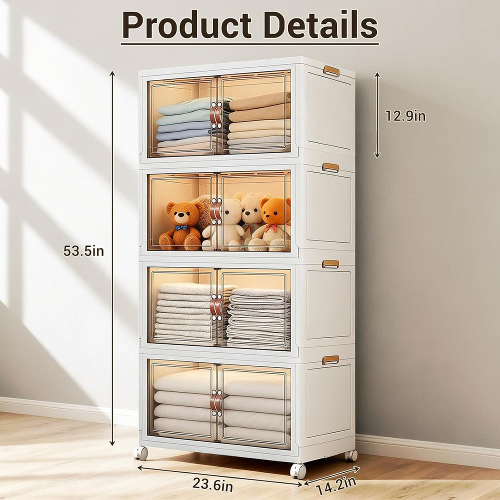 White 320 QT Large Stackable Storage Cabinet, 4-Tier Collapsible Storage Bins...