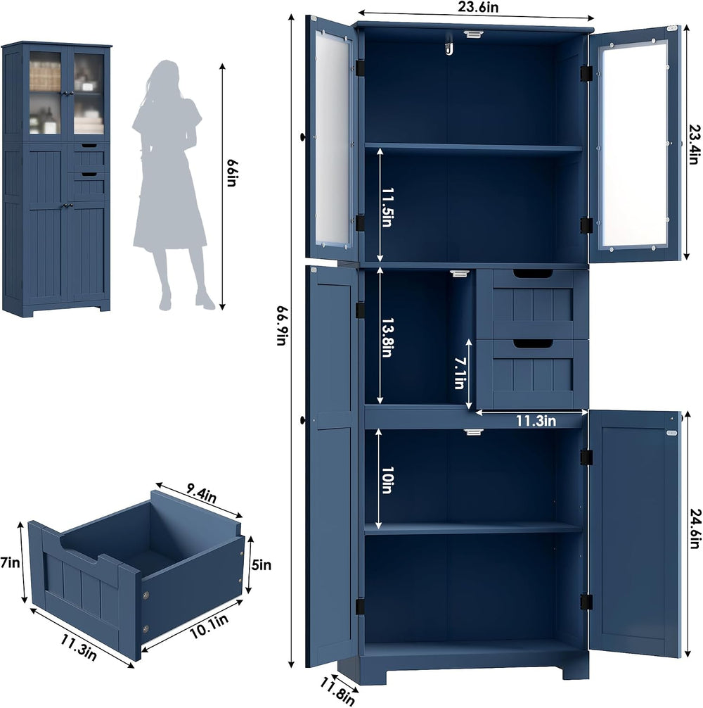 67'' Tall Bathroom Storage Cabinet, Linen Cabinet with Glass Doors an...