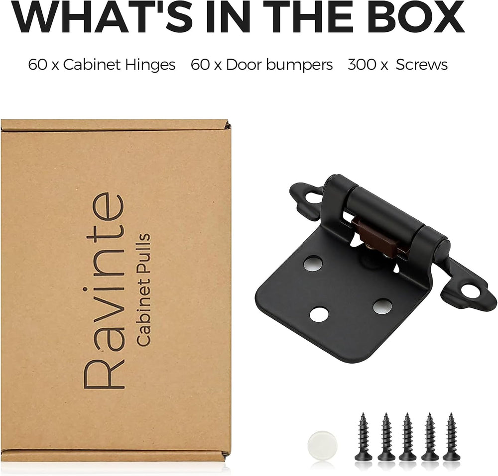 Ravinte Matte Black Cabinet Hinges, 1/2 Inch Overlay, 60 Pack (30 Pairs)