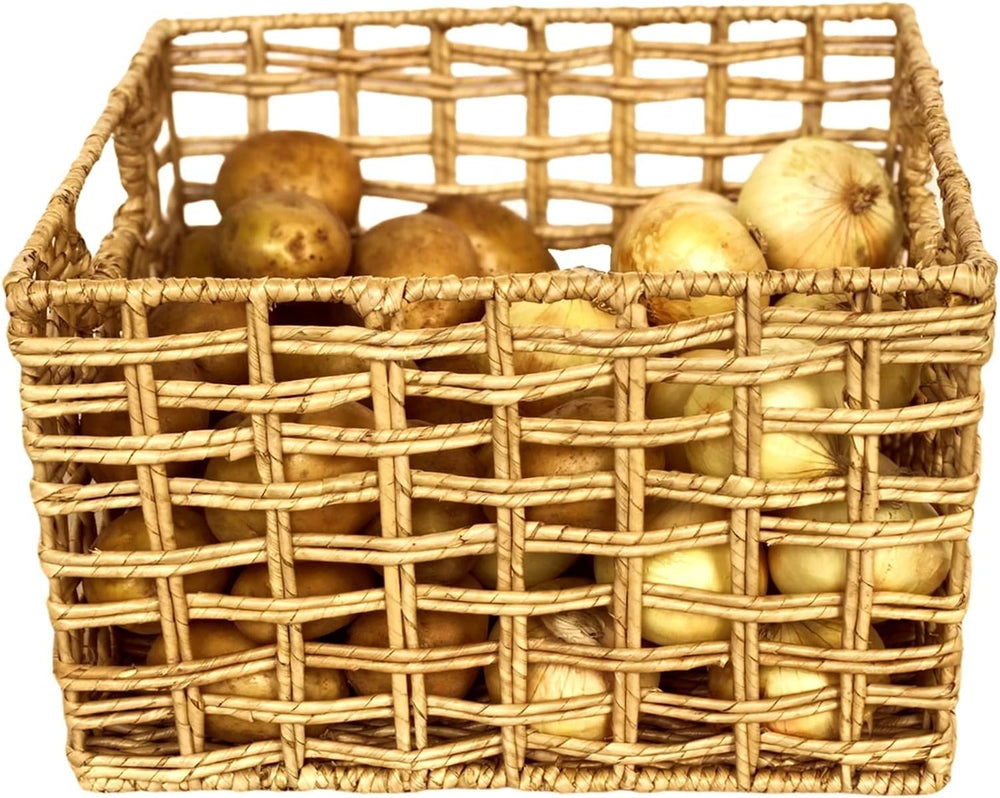 Handwoven Buri & Wicker Storage Baskets Set of 3 Open Weave, 12 x 10 x 8 In