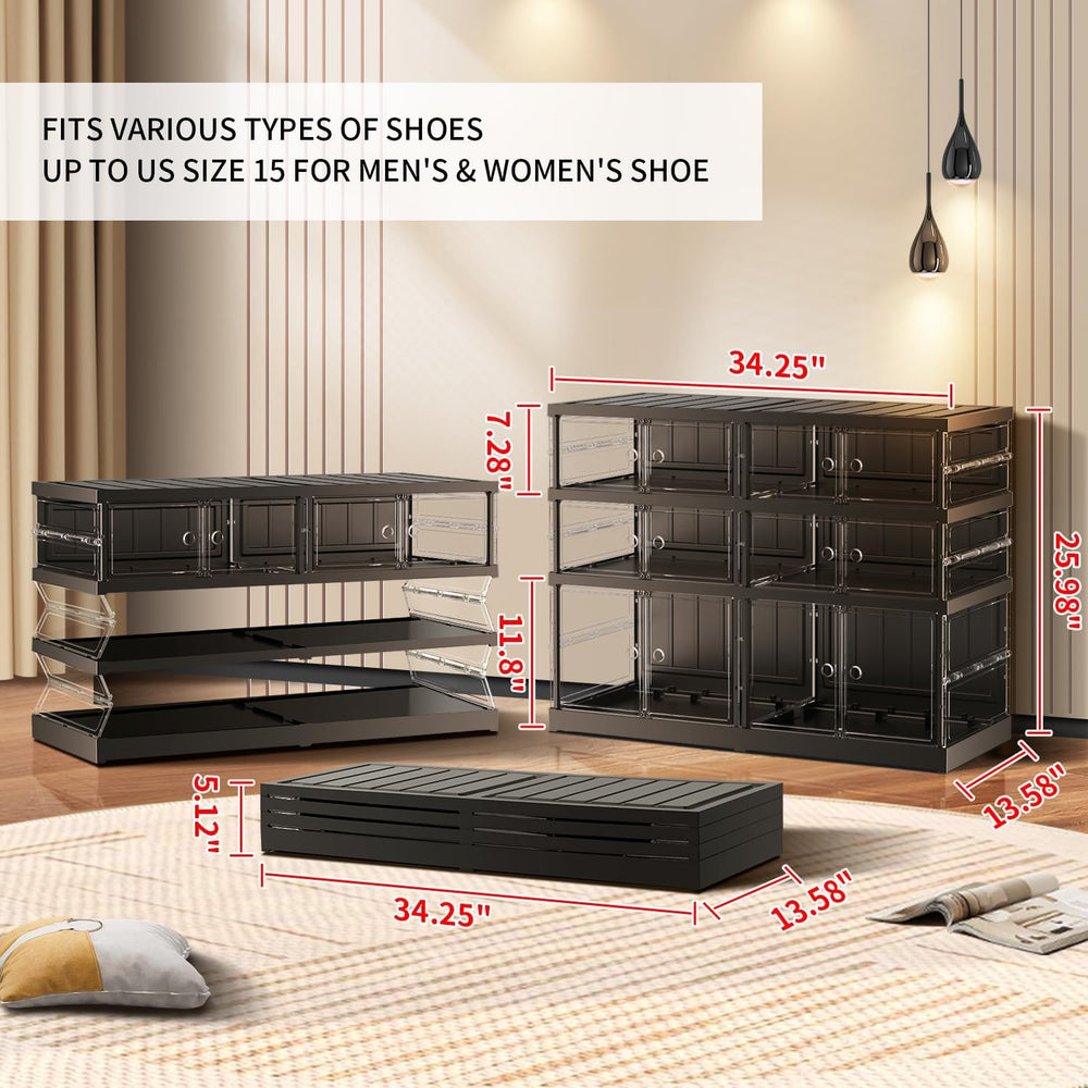 EHAMILY 3-Tier Foldable Shoe Rack, Magnetic Clear Doors, 12 Pairs, Black