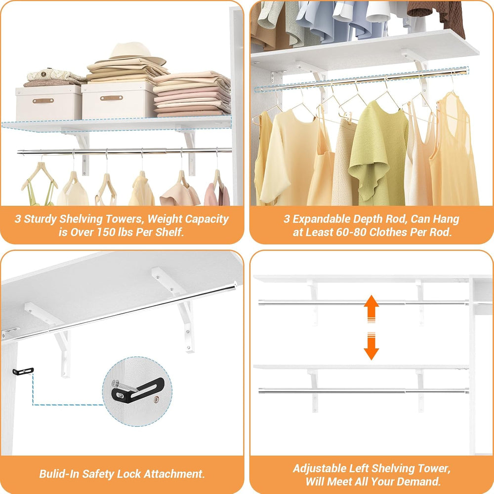 8FT Closet System with 3 Wooden Storage Shelves, 96'' Closet Organize...