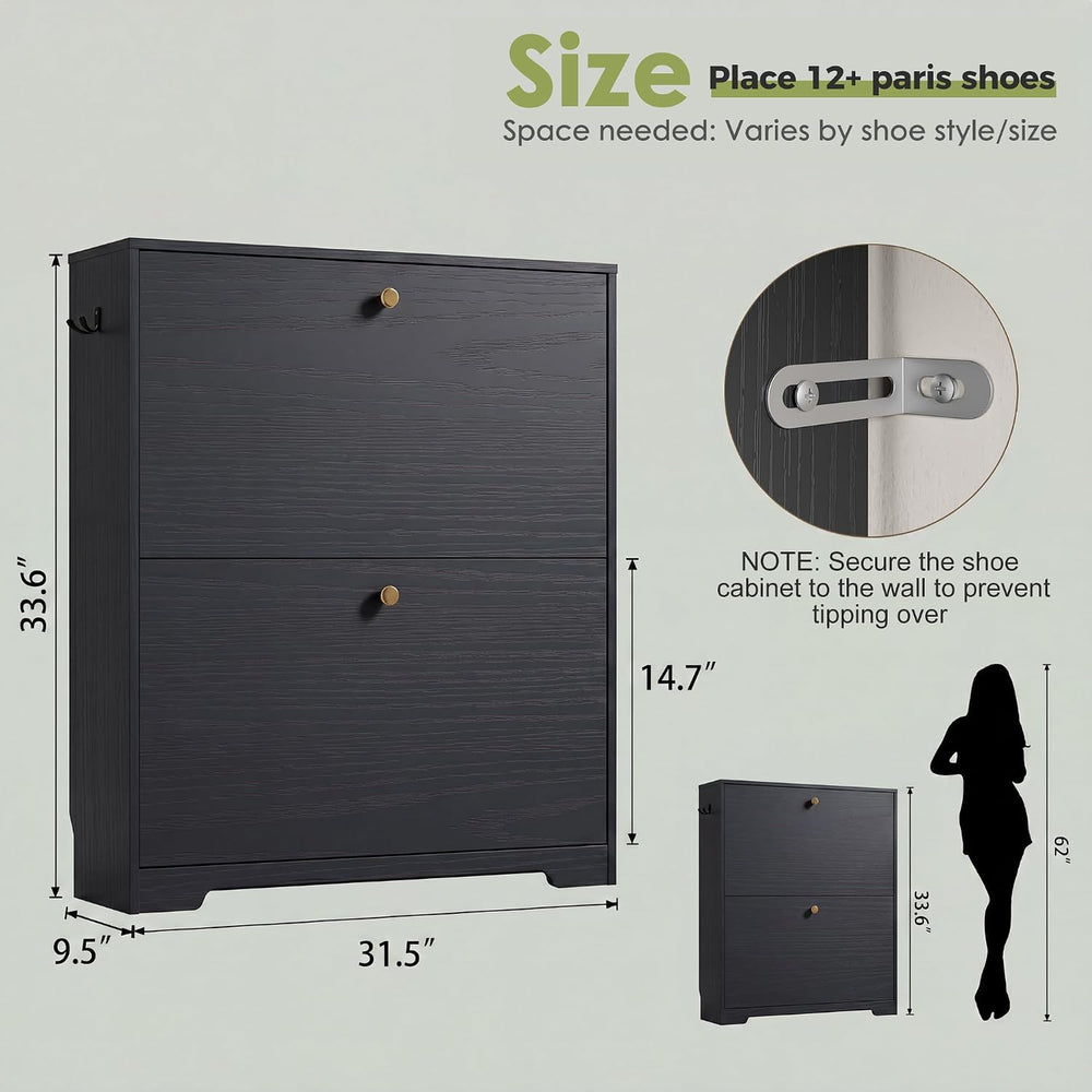 Nicetree Shoe Cabinet with 2 Flip Drawers, Entryway Shoes Organizer, Black