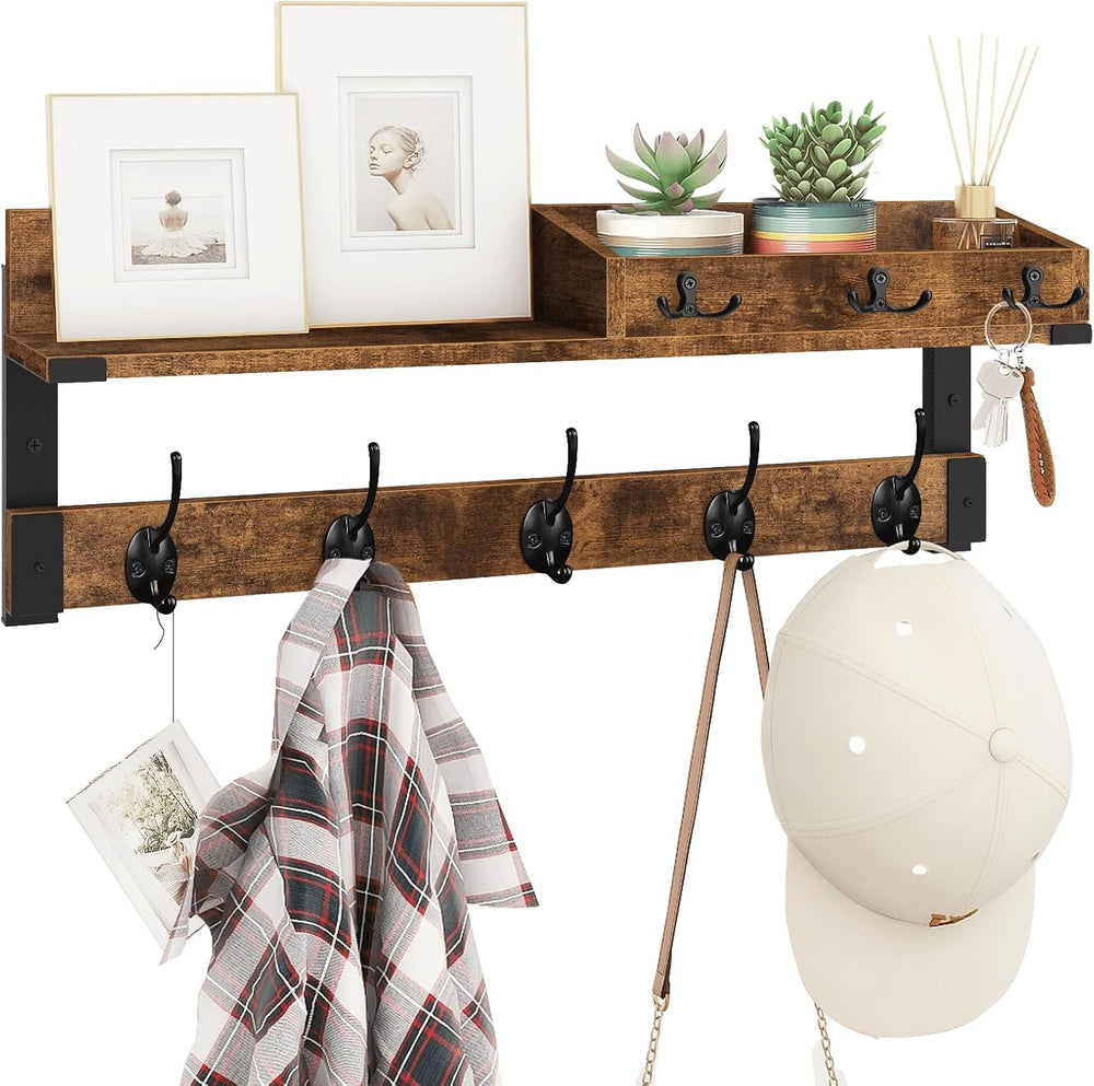 Homode Coat Rack with Shelf, Wall Shelf with Hooks, Rustic Brown Black