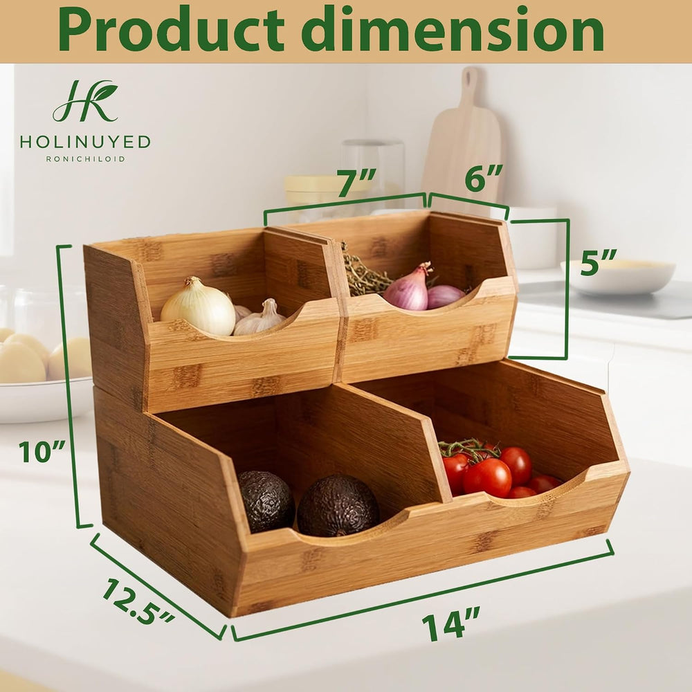 Bamboo Pantry Storage Bins Set of 3, Stackable Potato and Onion Storage Bin, ...