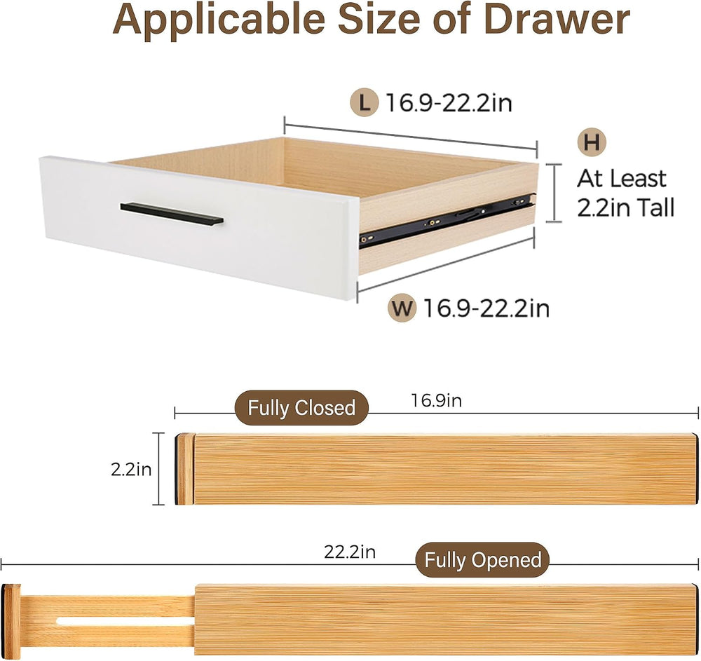 Adjustable Bamboo Drawer Dividers of 8, Expandable Organizers (16.9"-22....