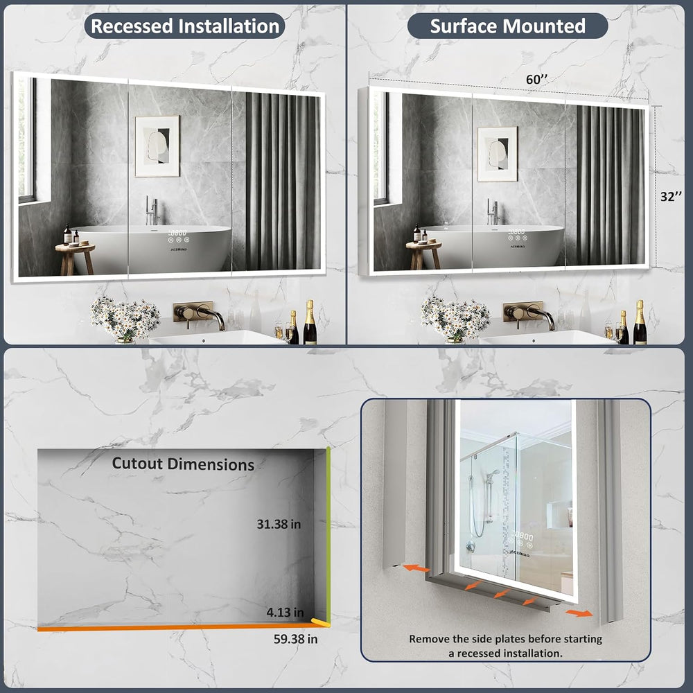 60"×32" Lighted Bathroom Medicine Cabinet with Mirror, Recessed Med...