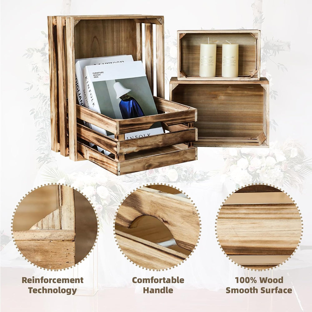 Set of 4 Large Torched Wood Decorative Storage Crates, Nesting Wooden Crates ...