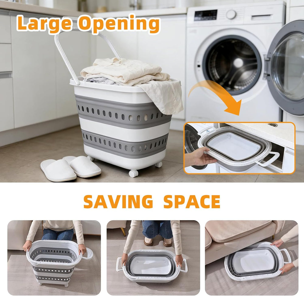 50L Collapsible Plastic Laundry Basket Hamper with Wheels, Foldable Laundry B...