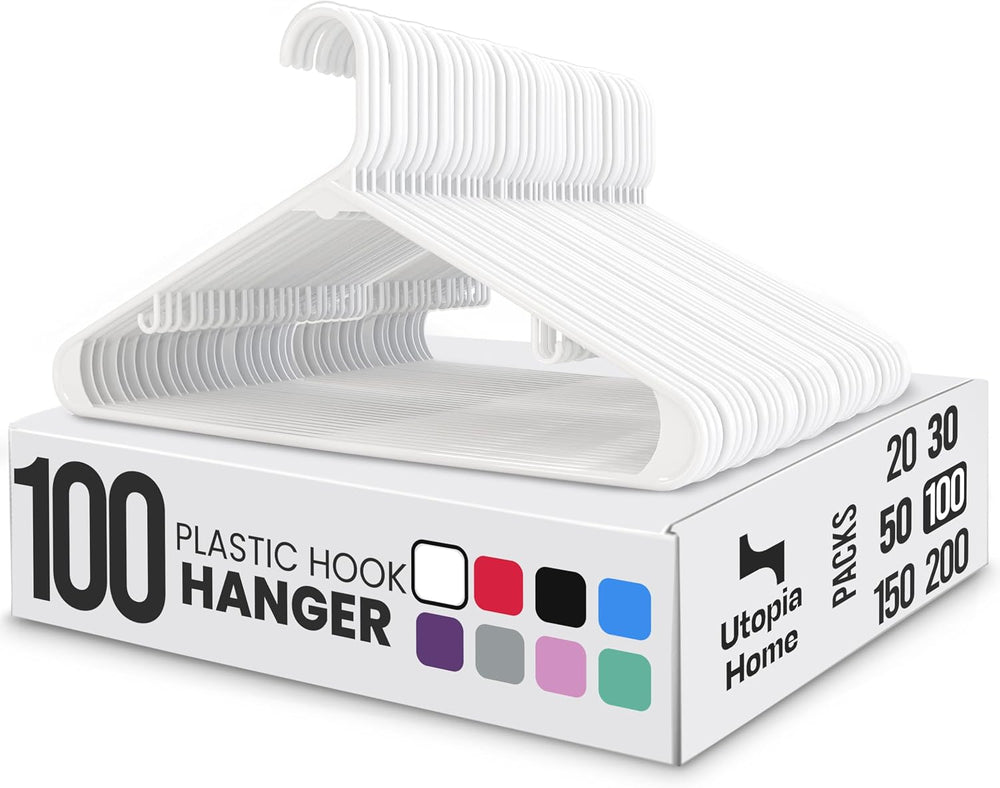 Utopia Home Plastic Hangers 100 Pack – Built-in Strap Hooks White