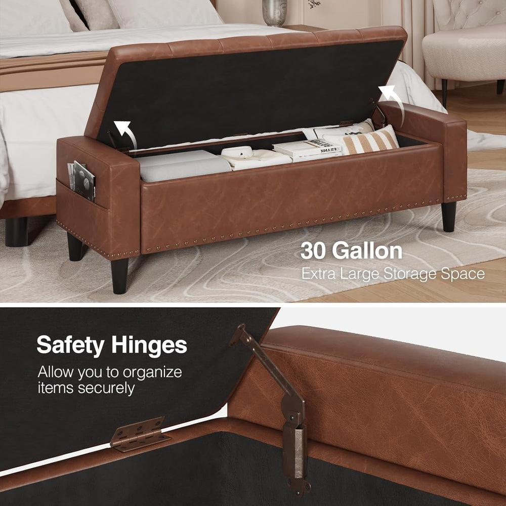 60" Storage Ottoman Bench, Faux Leather Upholstered Bed Bench, Brown