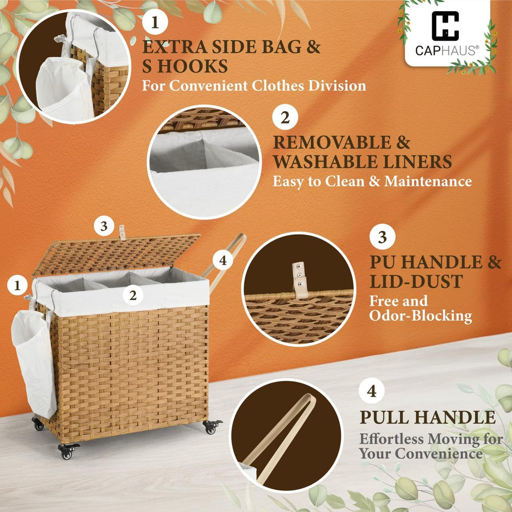 CAPHAUS Handwoven Basket w/Lid for Storage, Synthetic Rattan Laundry Hamper w...