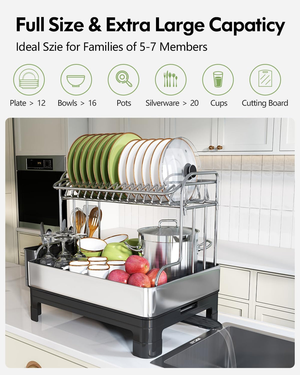 BOOSINY 2 Tier Large Stainless Steel Dish Drying Rack with Drain Board