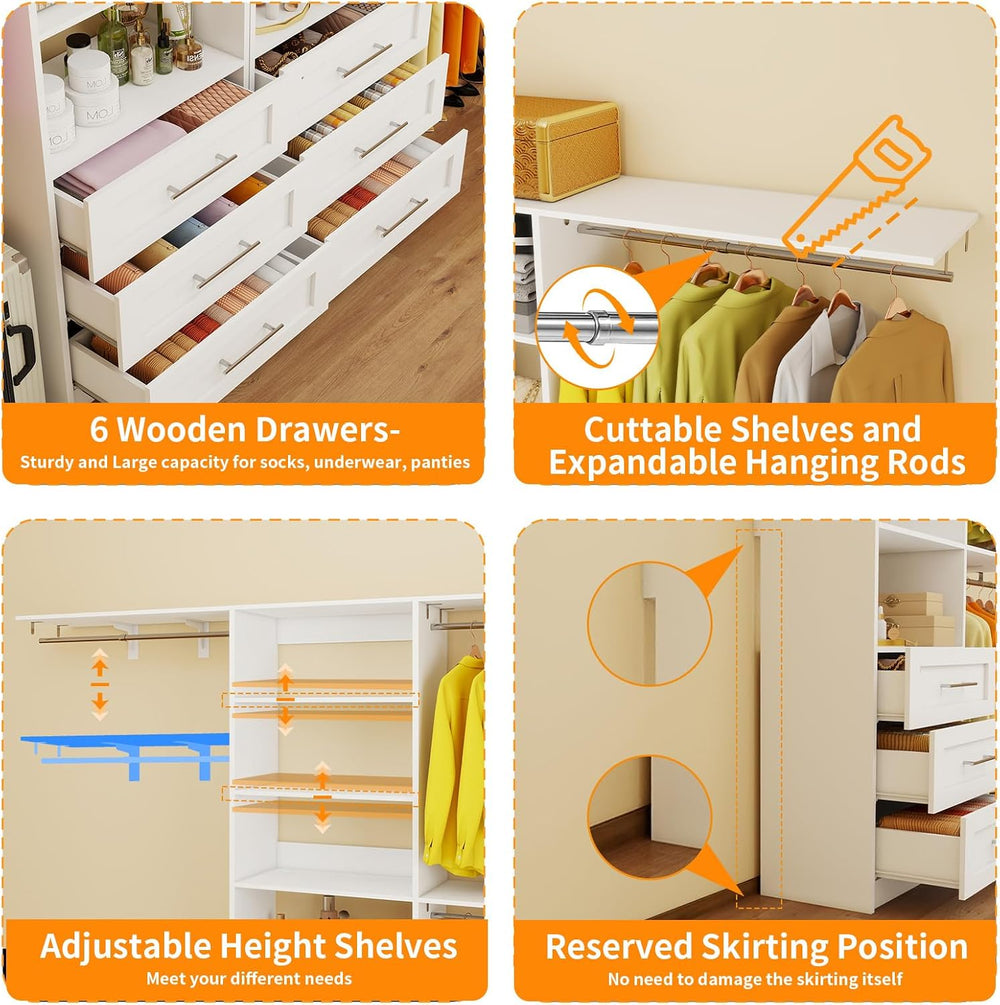 Closet System with 6 Drawers, 6-12FT Closet Organizer System with Cuttable Sh...