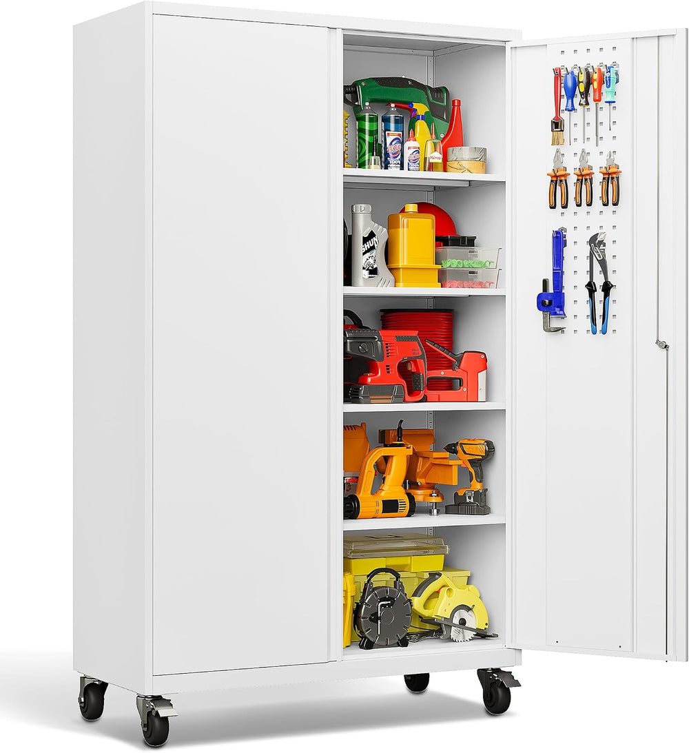 White Wide & Deep Metal Storage Cabinet with Wheels,Tall Rolling Garage S...